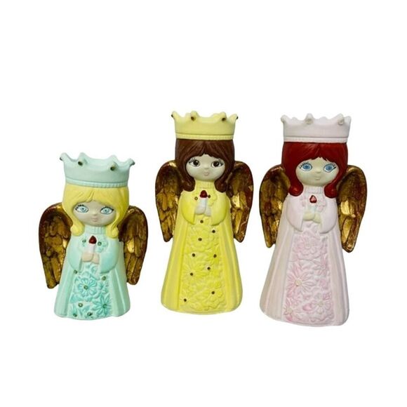 MCM Hobbyist Studio Art Set of 3 Angels Green Pink Yellow 1980 - Picture 1 of 9